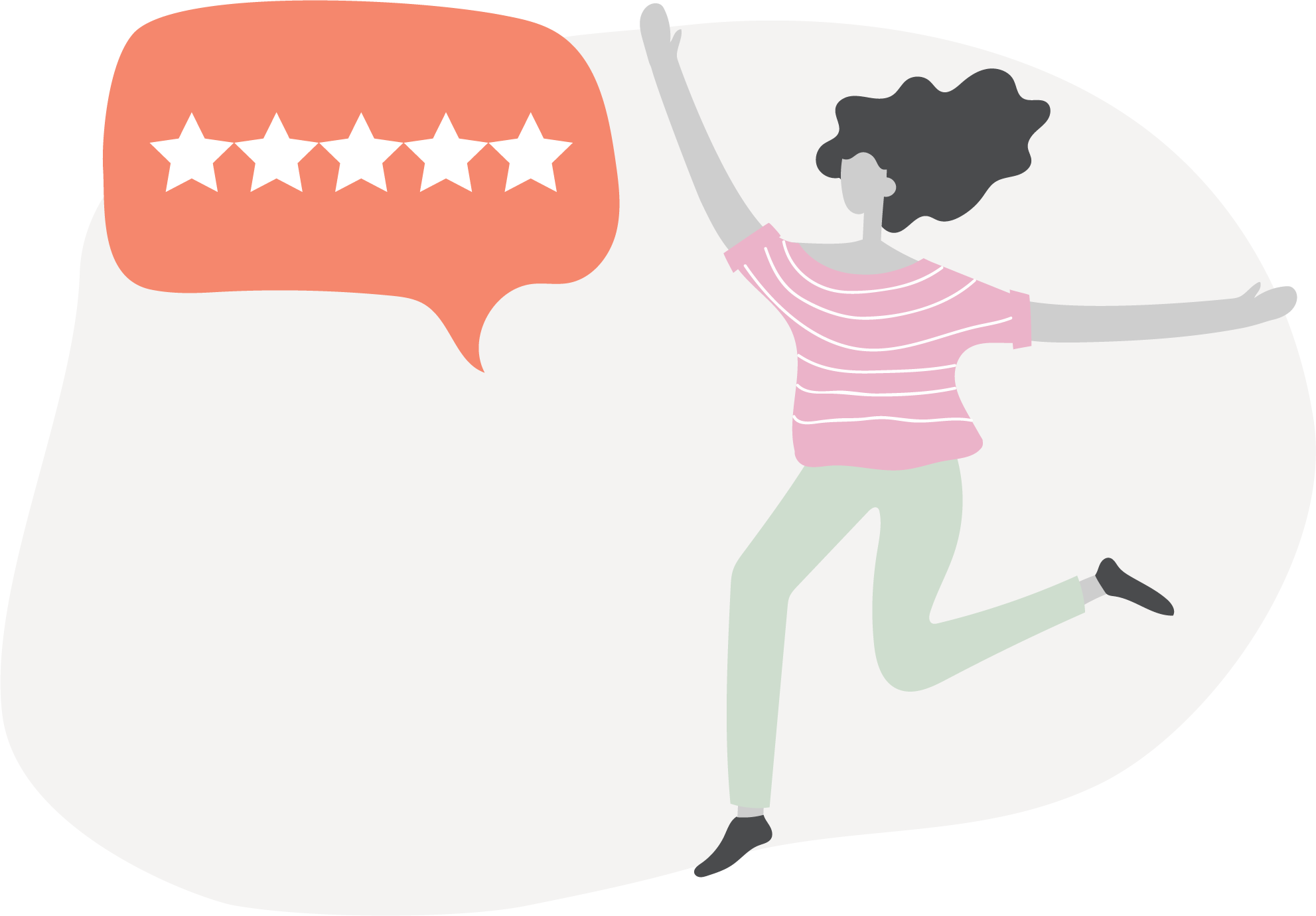 Illustration of a female counselling client leaping in air with speech bubble containing five white stars
