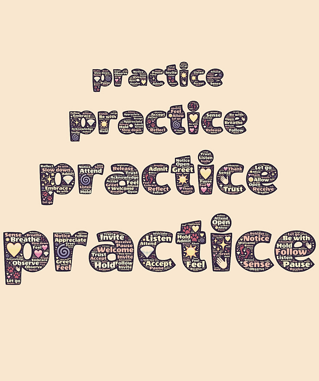 Art showing the word "Practice" written four times in a pyramid shape on a peach background