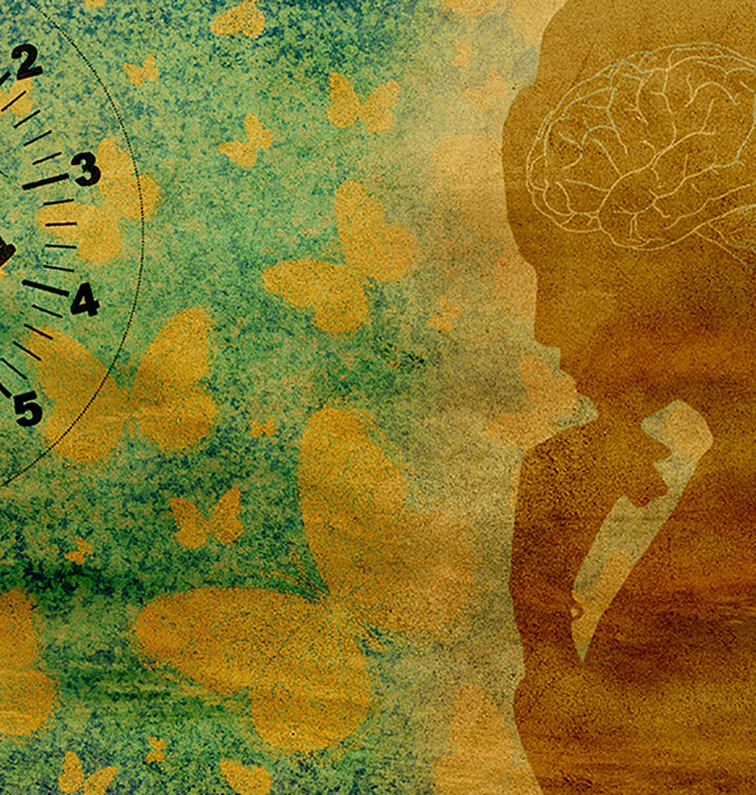 Artwork showing  the outline of a woman thinking in front of a clock icon. The background is green with yellow butterflies.