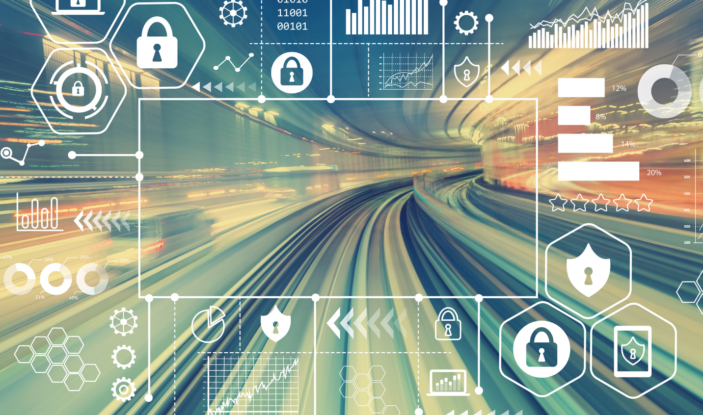 Icons of padlocks, graphs, shields & cogs sit on top of a close up of a high speed road at night.