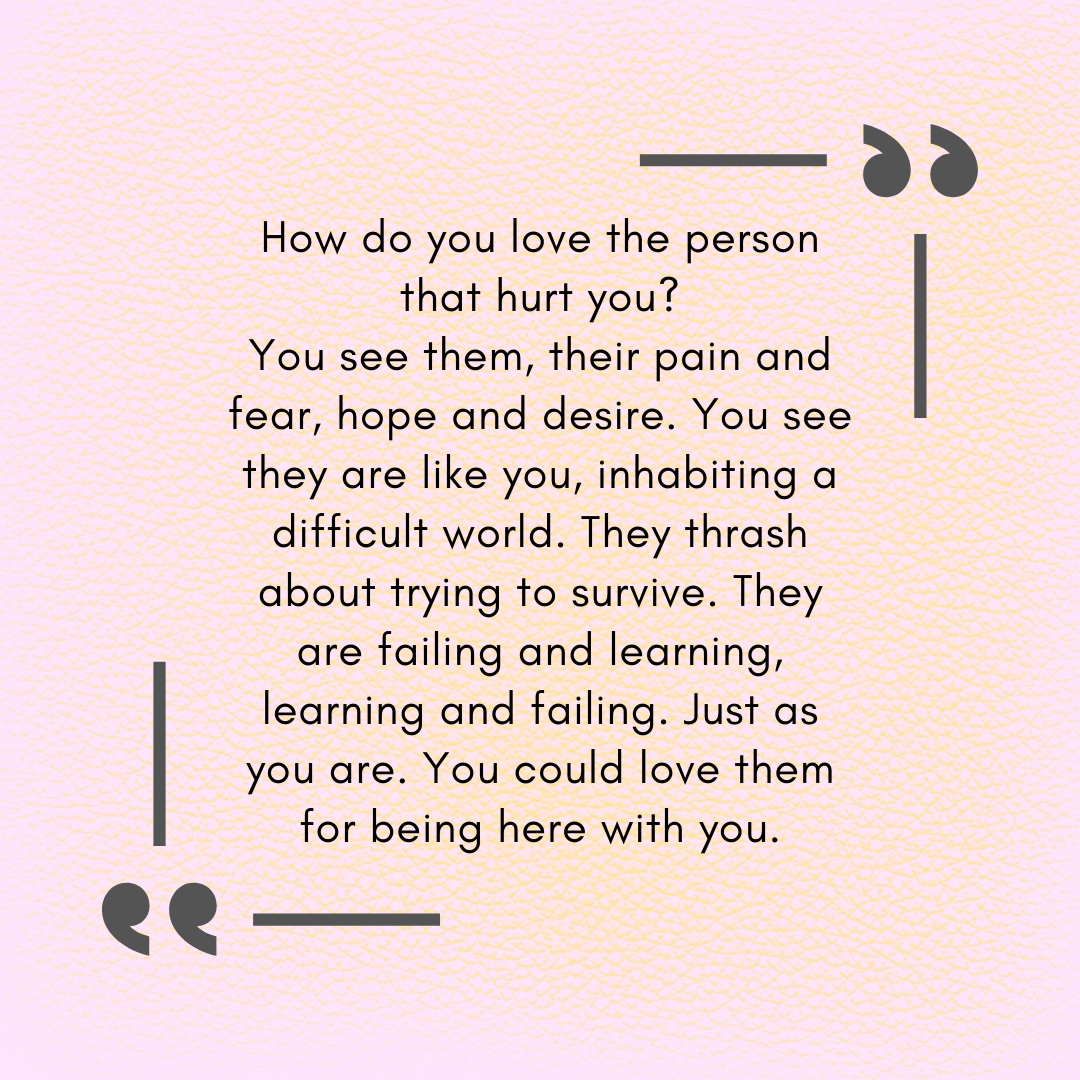 Quote: “How do you love the person that hurt you? You see them, their pain and fear, hope and desire. You see that they are like you, inhabiting a difficult world. They thrash about trying to survive. They are failing and learning, learning and failing. Just as you are. You could love them for being here with you”. 