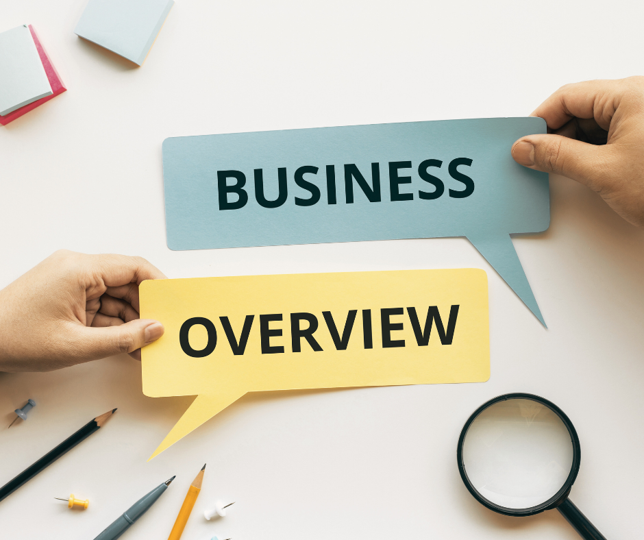 Close up of desk with blue and yellow speech bubbles stating BUSINESS OVERVIEW