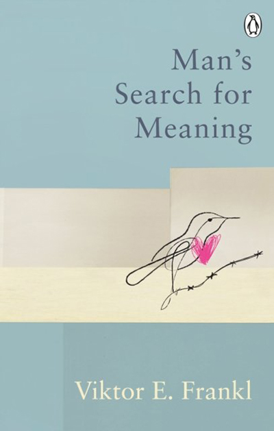 Pencil drawing of a bird siting on barbed wire with a crayon red heart forms the book cover for Mans search for meaning by Viktor Frankl