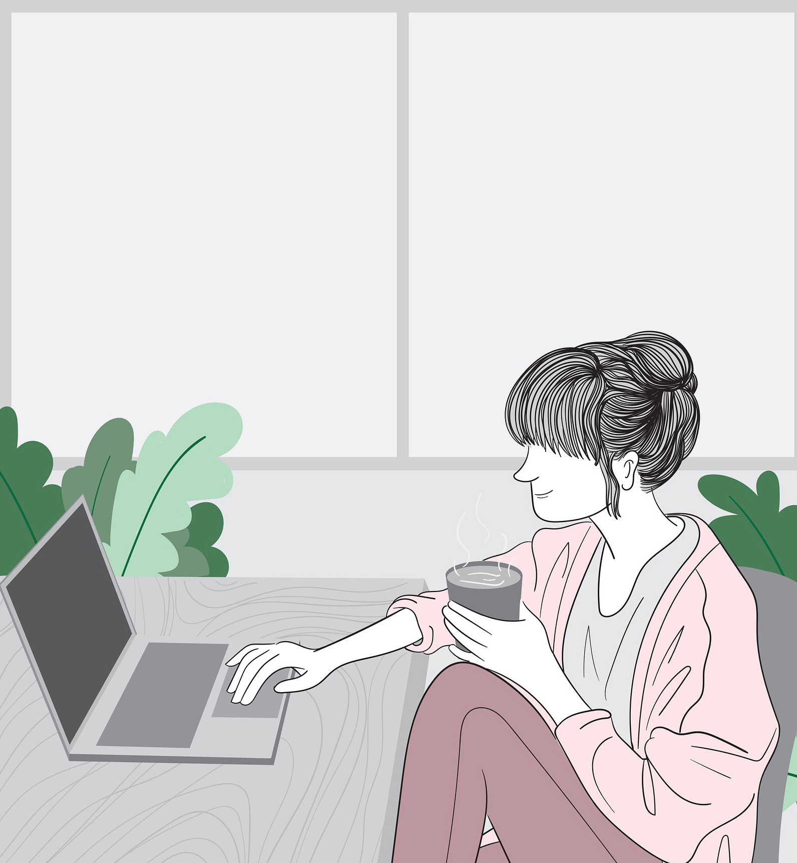 Woman in loungewear sat at desk on laptop with a cup of tea